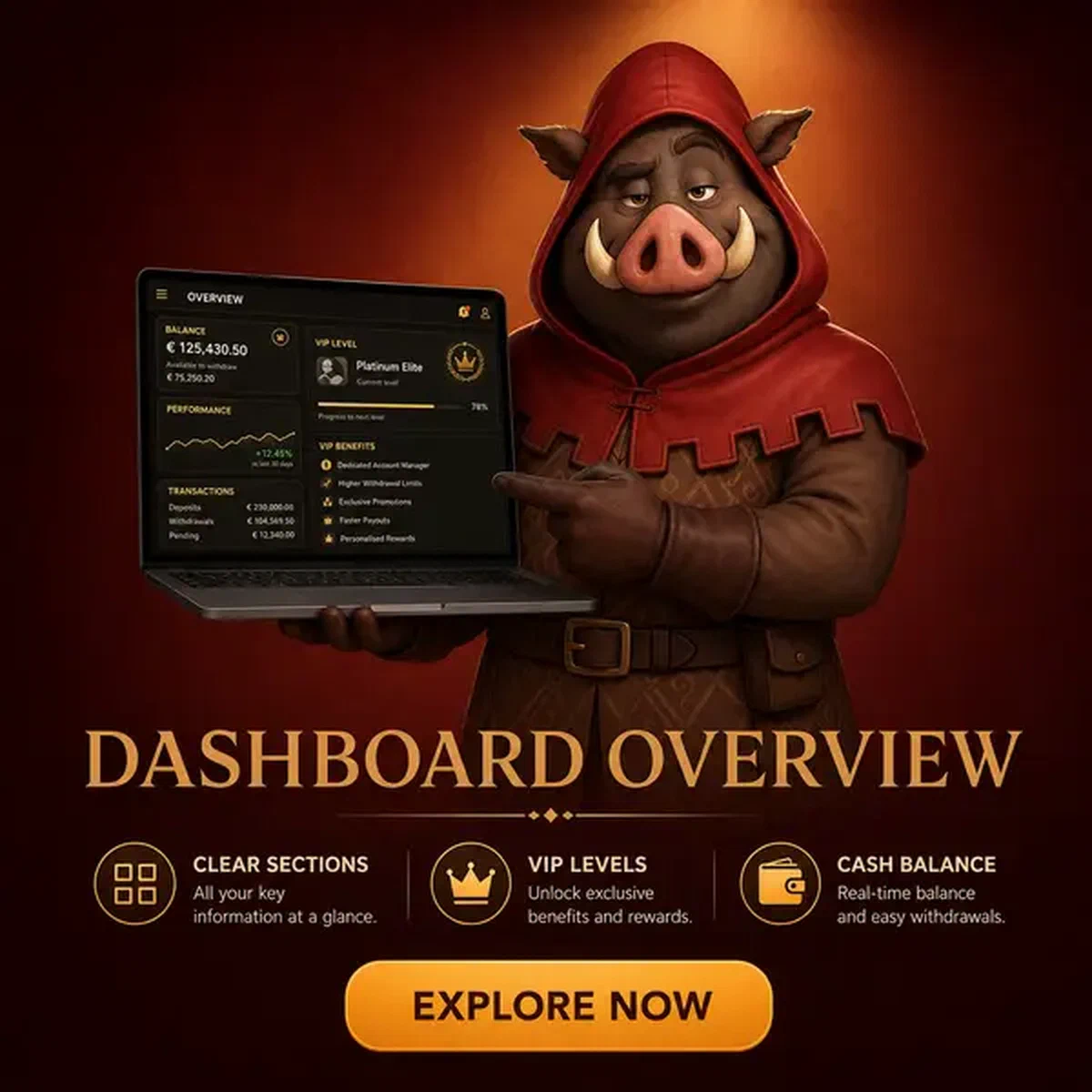 Personaggio cinghiale che presenta panoramica dashboard laptop al portale login Kingia Casino
