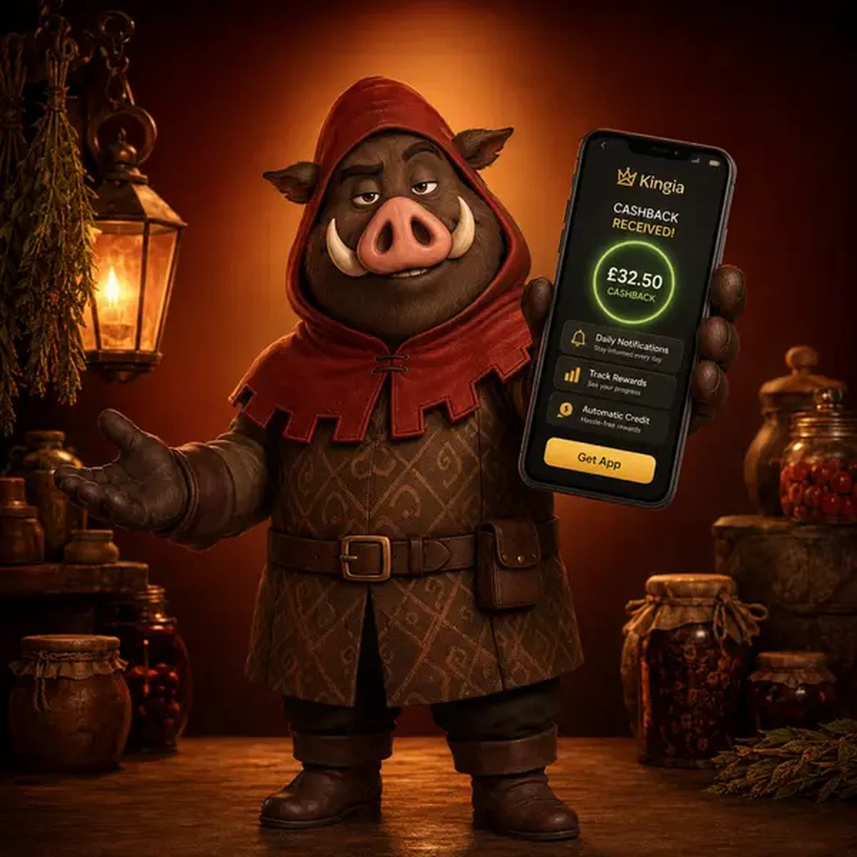 Guardiano cinghiale che presenta l'app mobile Kingia con notifiche cashback luminose sullo schermo