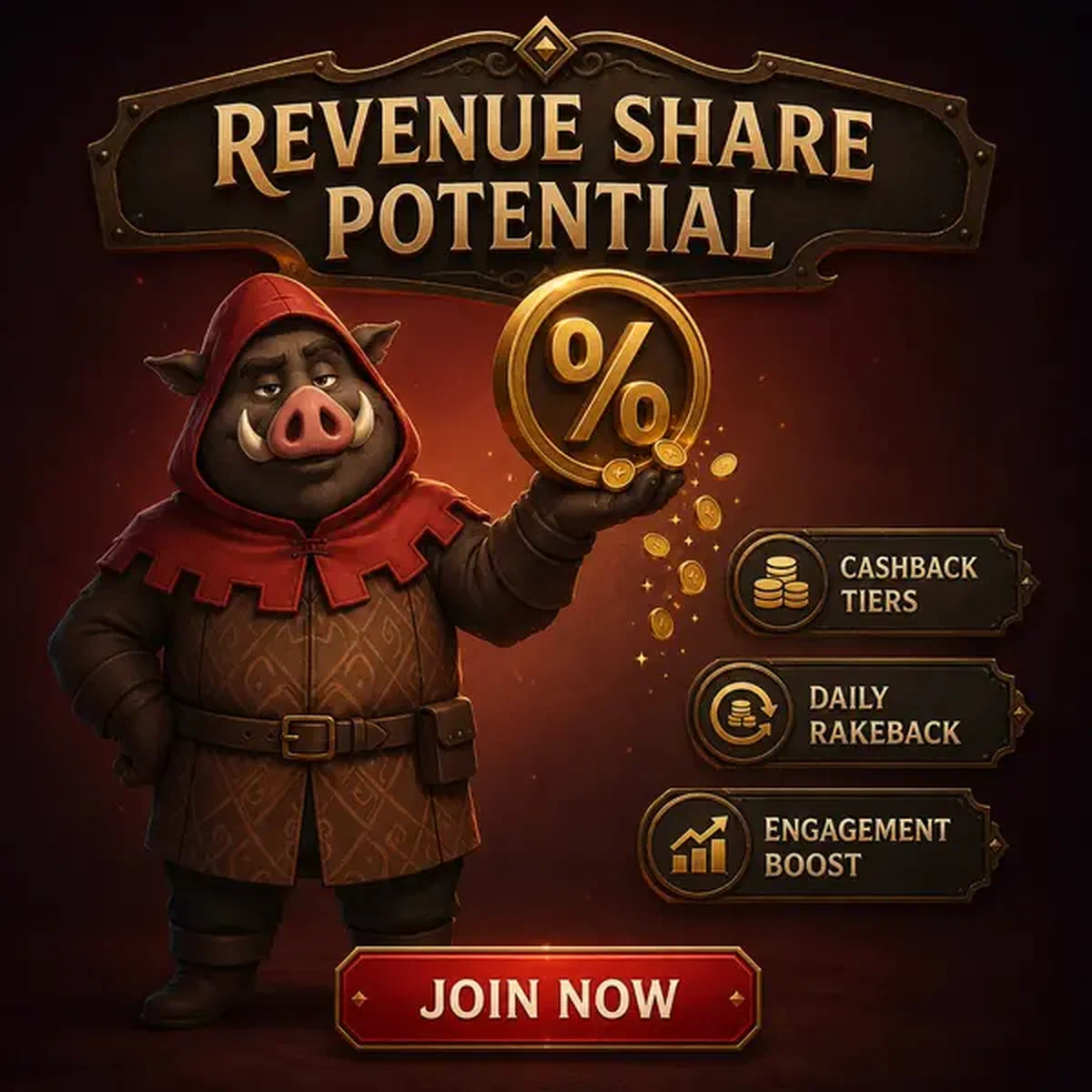 Guardiano cinghiale che mostra l'emblema della condivisione dei ricavi degli affiliati nella camera del castello Lifetime Revenue Sharing Potential