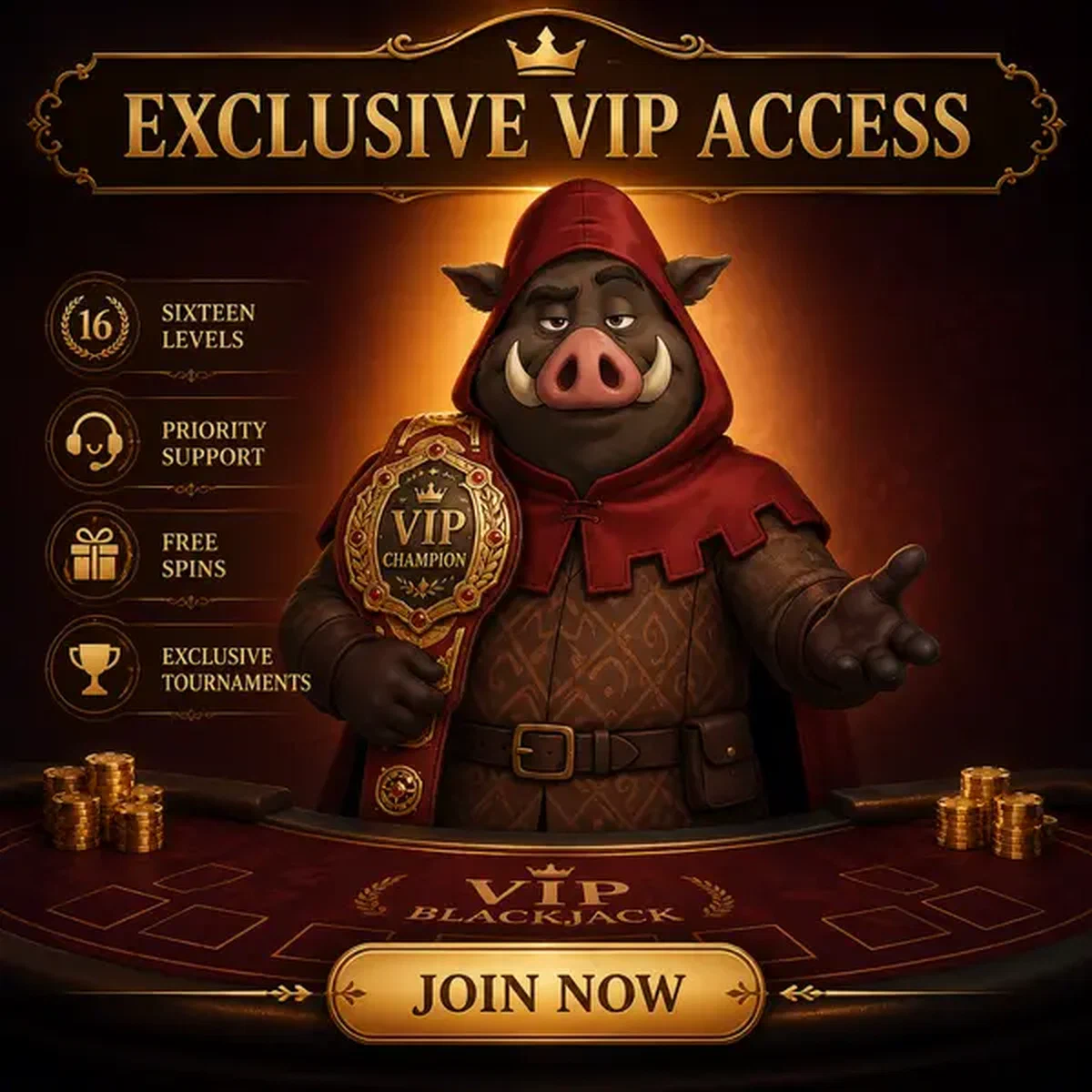 Guardiano cinghiale che mostra la cintura del campionato ai Tavoli Live VIP e Accesso Esclusivo live casino