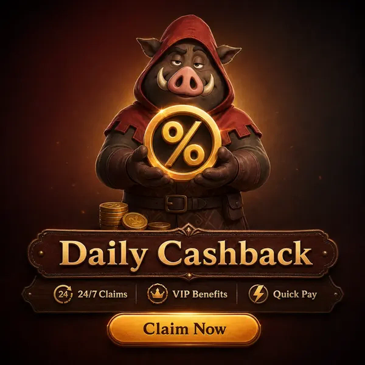 Guardiano cinghiale che presenta emblema percentuale dorato per ricompense login Cashback e Rakeback Giornalieri