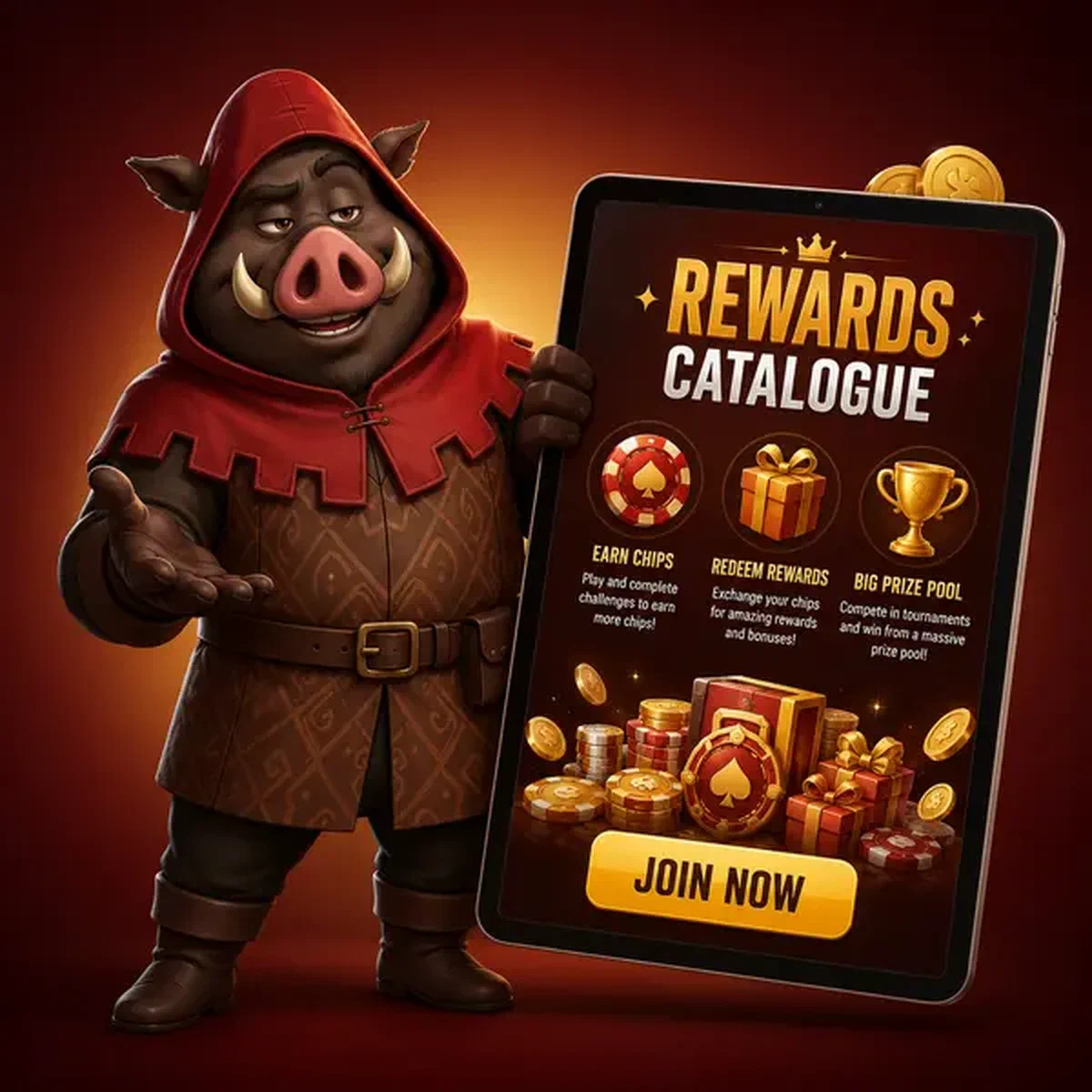 Mascotte cinghiale che presenta il catalogo premi su tablet al Premium Shop e Premi Tornei