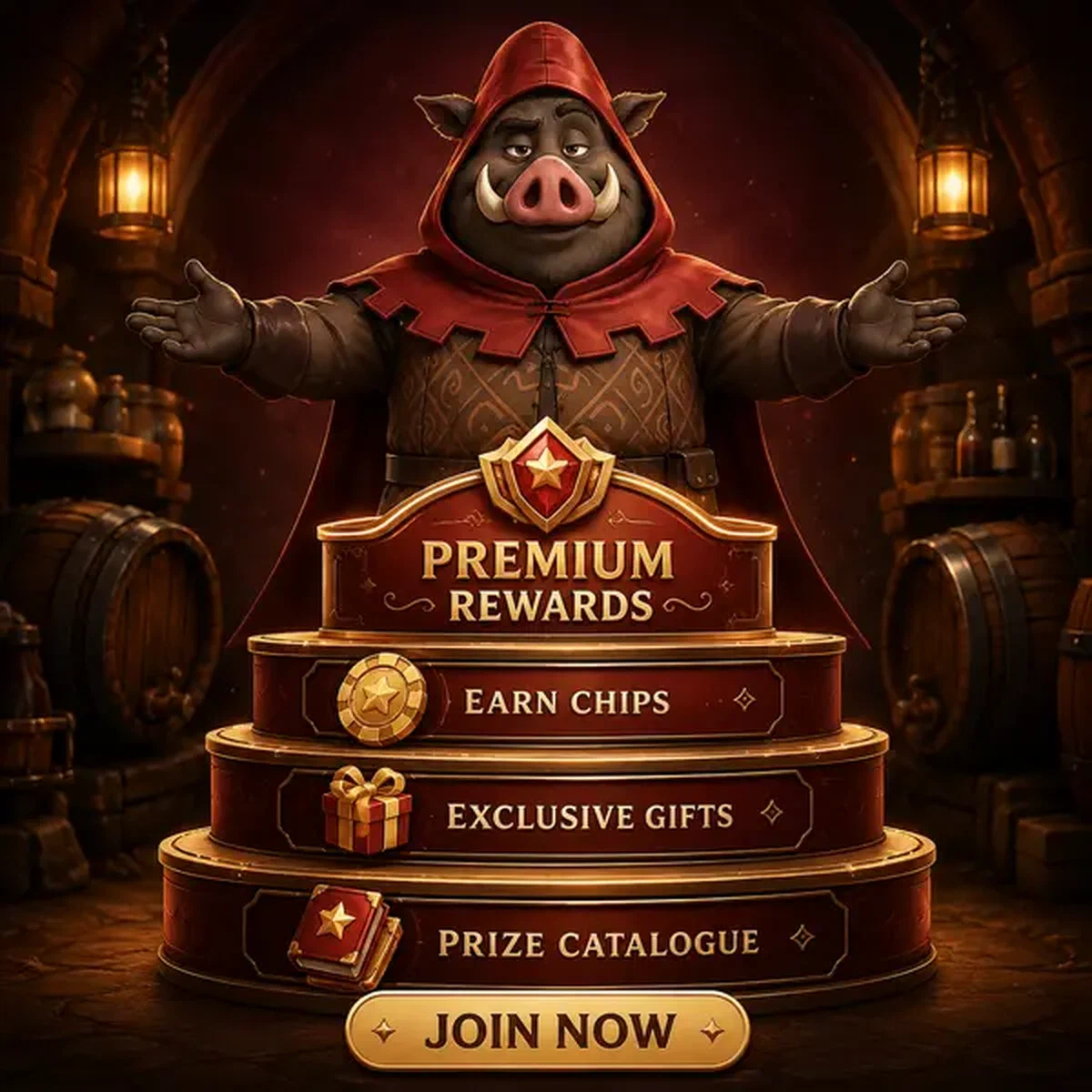 Mascotte cinghiale che presenta ricompense premium mentre il giocatore si registra alle promozioni ricorrenti e all'economia del Premium Shop Casino