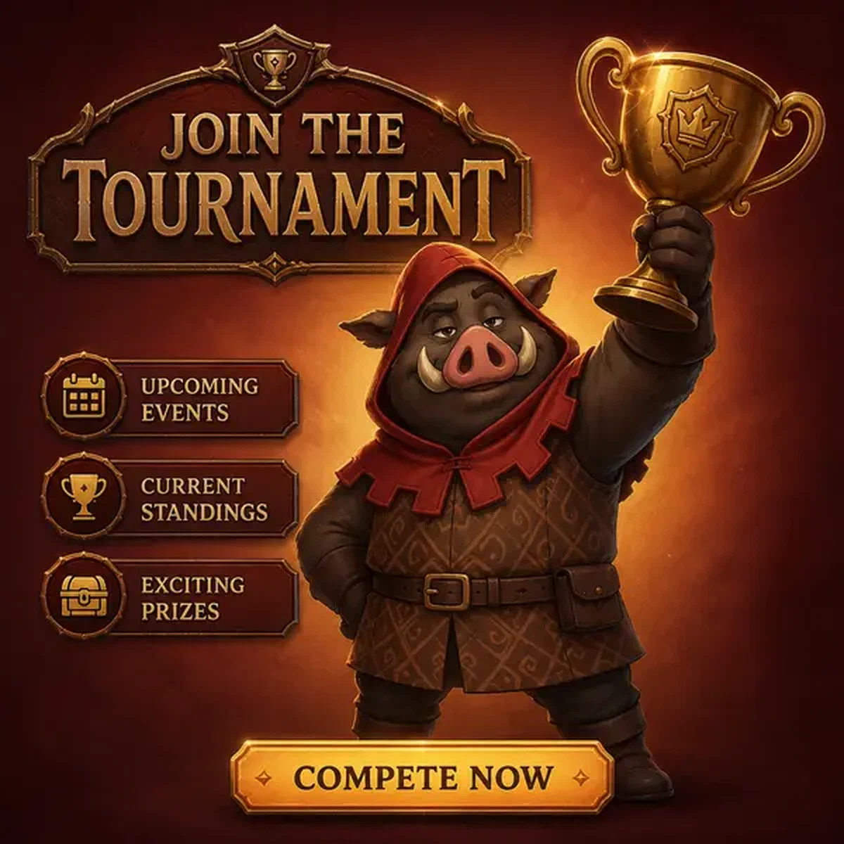 Campione cinghiale che tiene trofeo alla schermata di vittoria torneo app Kingia Casino