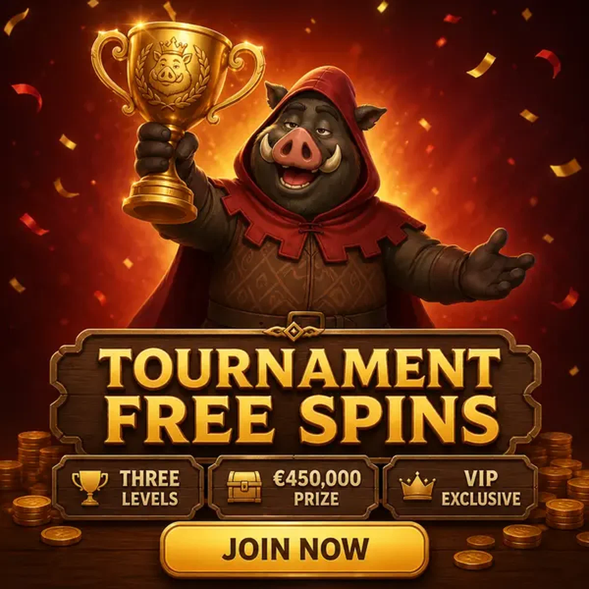 Guardiano cinghiale che celebra la vittoria dei free spins del torneo con trofeo dorato presso Tournament and Leaderboard Free Spins