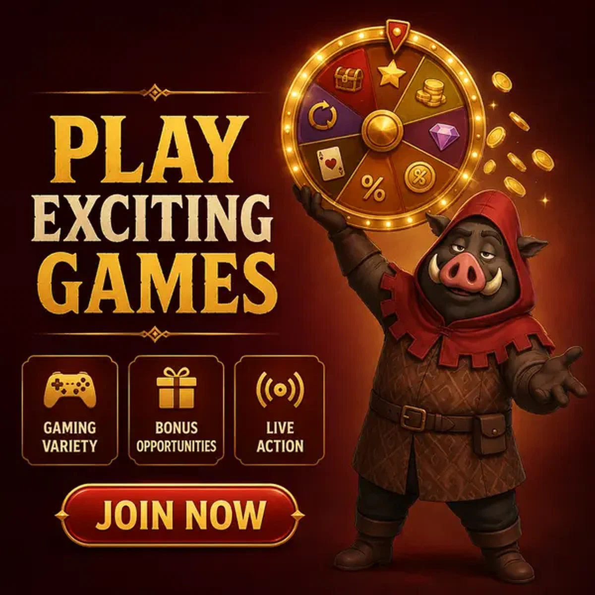 Affascinante guardiano cinghiale che presenta ruota dei premi su Kingia Casino Games con giochi emozionanti