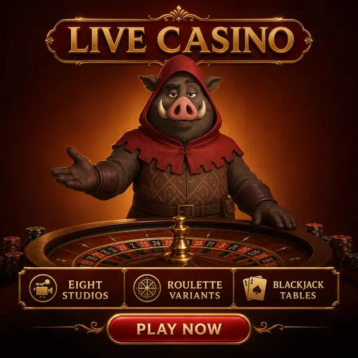 Dealer del Kingia Live Casino che gesticola al tavolo della roulette elegante con illuminazione ambrata calda