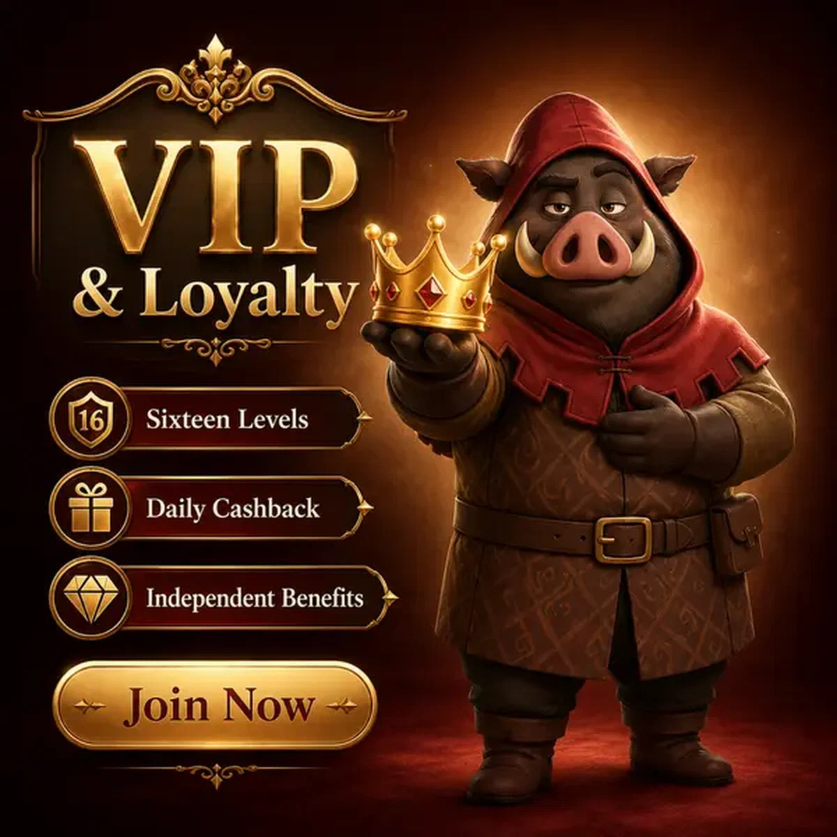 Guardiano cinghiale che presenta corona VIP all'ingresso del programma fedeltà Kingia